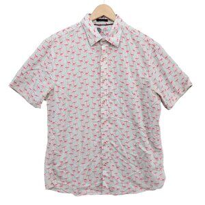 Nicoby Flamingo Shirt Mens White Pink Short Sleeve Modal Blend Button Down Sz L